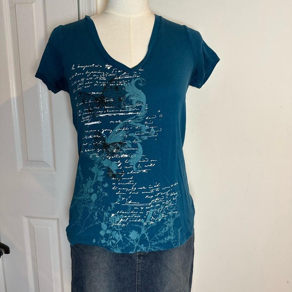Y2K Teal Graphic V-Neck Women’s Top - Picture 1 of 4